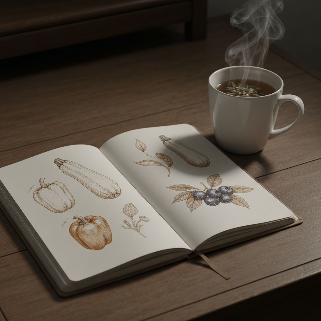 Open notebook with botanical sketches beside a cup of herbal tea on a wooden desk