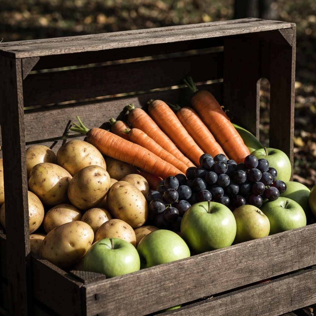Rustic wooden crate filled with seasonal market vegetables and fruits in natural daylight